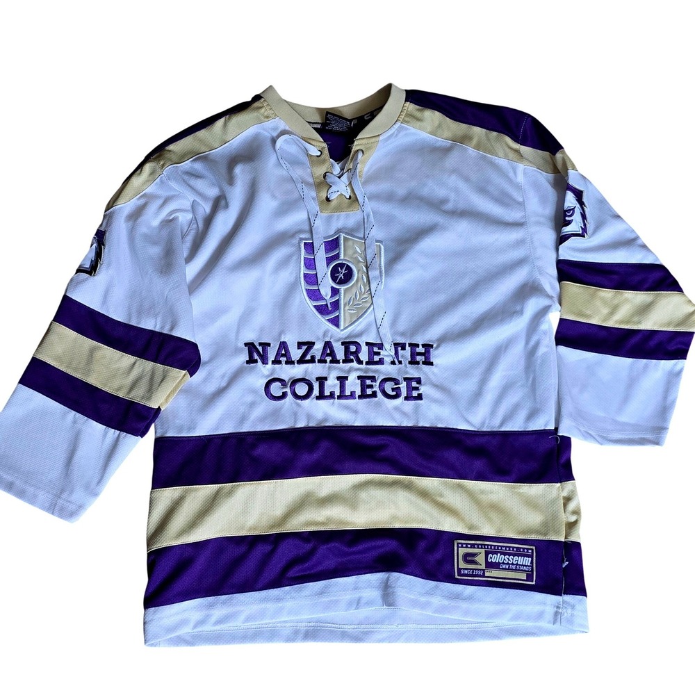 Colosseum Nazareth College Hockey Jersey Mens Medium White Purple Gold Lace Up